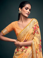 Saree Mall Yellow & Gold-Toned Floral Pure Georgette Banarasi Saree | Grocsy