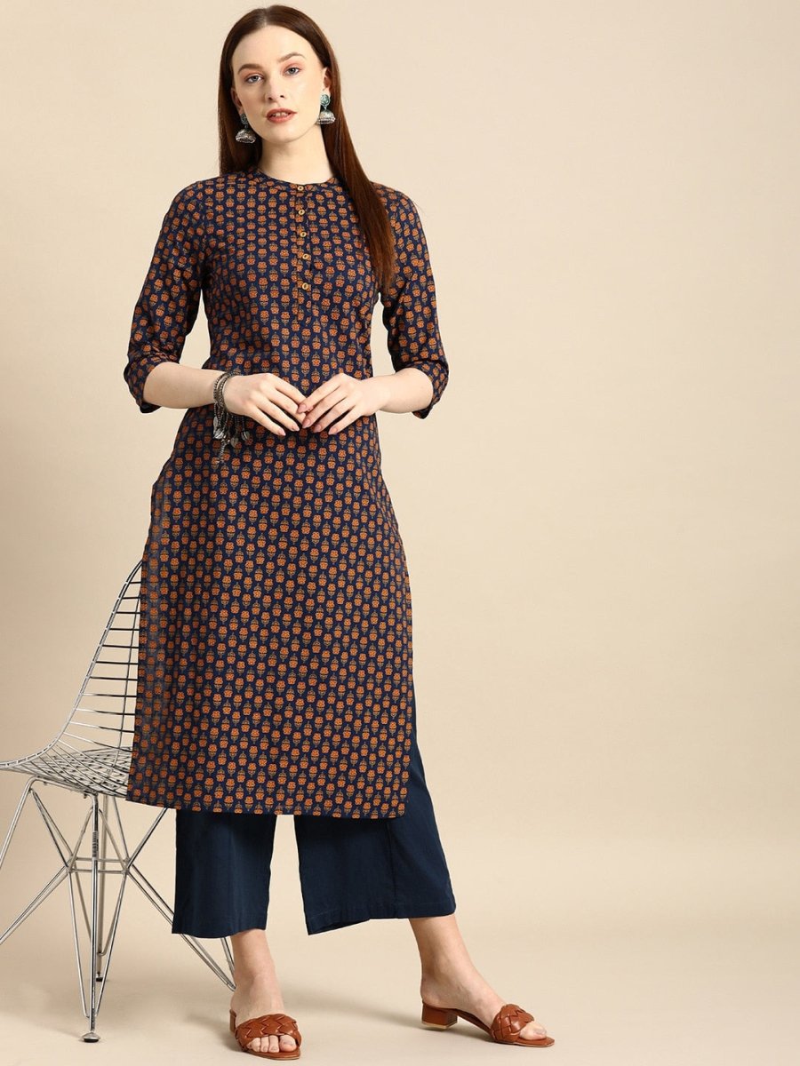 All About You Women Navy Blue & Gold-Toned Ethnic Motifs Printed Regular Kurta | Grocsy