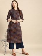 All About You Women Navy Blue & Gold-Toned Ethnic Motifs Printed Regular Kurta | Grocsy