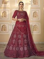 Myra Maroon Soft Net Embroidered Lehenga | Grocsy
