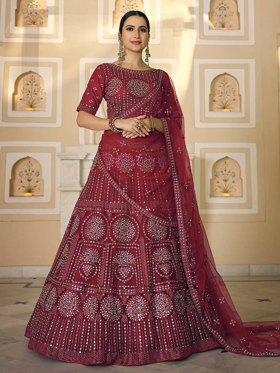 Myra Maroon Soft Net Embroidered Lehenga | Grocsy