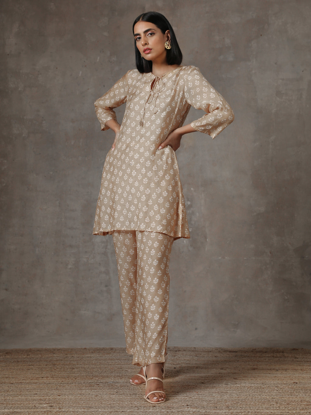 trueBrowns Beige White Printed Silk Co-Ord Set | Grocsy