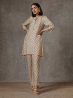 trueBrowns Beige White Printed Silk Co-Ord Set | Grocsy