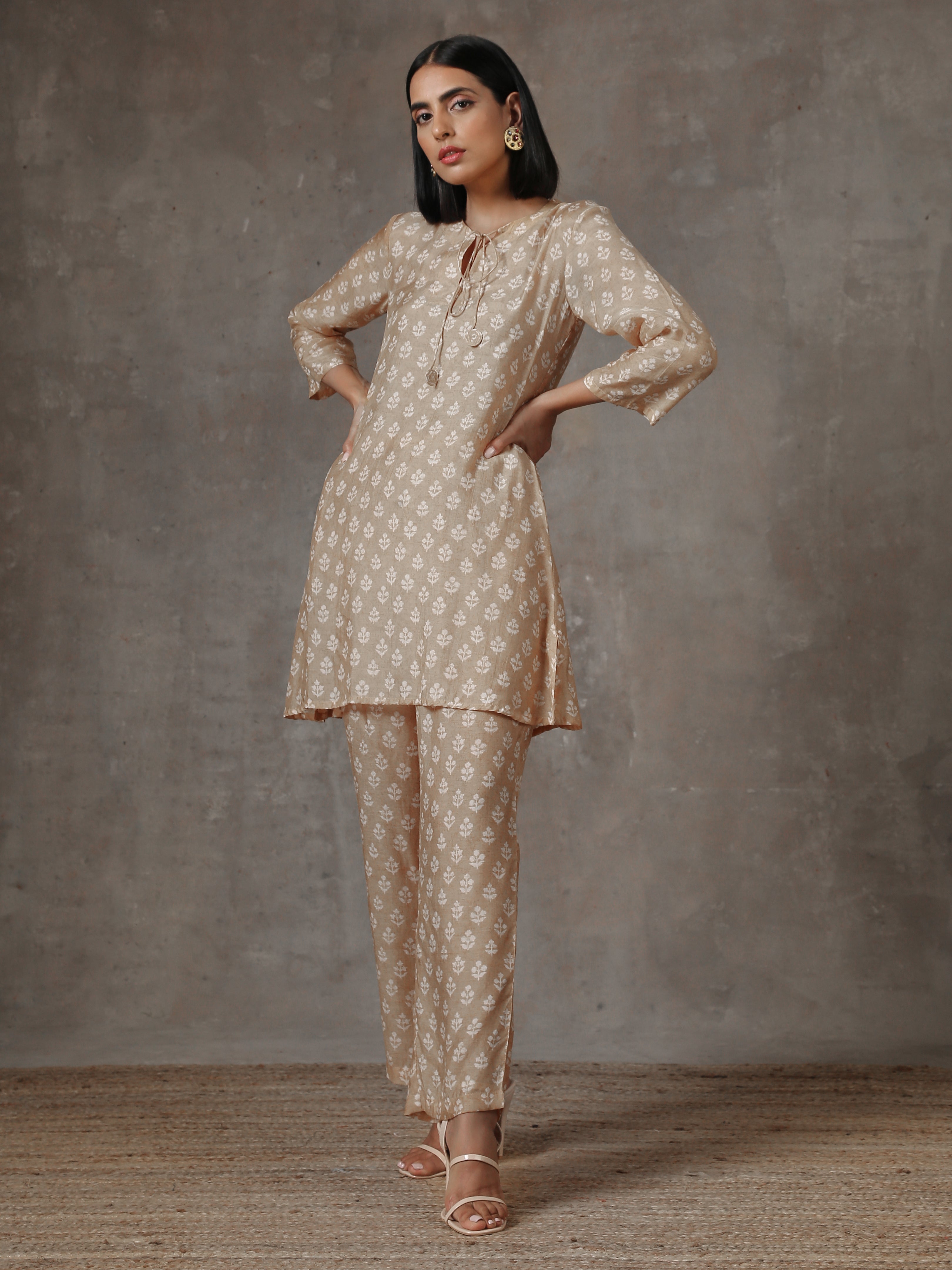 trueBrowns Beige White Printed Silk Co-Ord Set | Grocsy