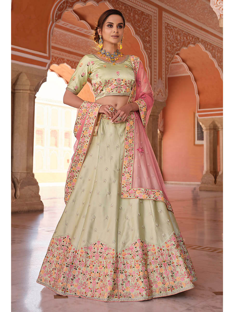Myra Pista Green Embroidered Designer Lehenga Choli | Grocsy