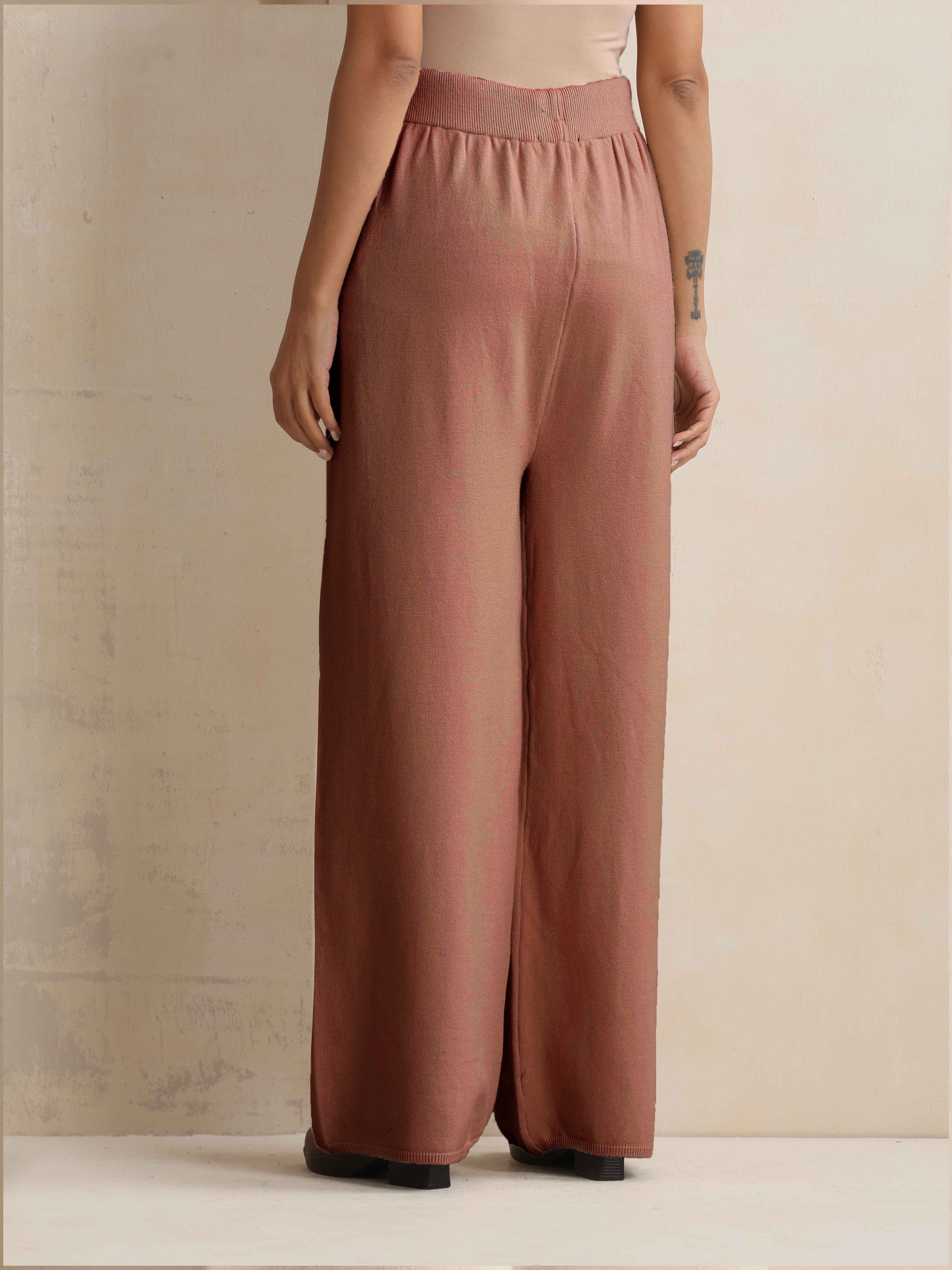 trueBrowns Peach Woollen Flared Pants | Grocsy