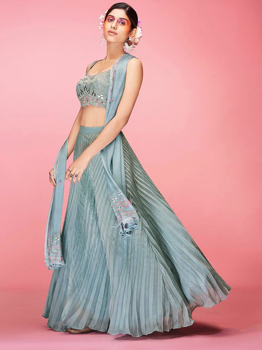 Myra Sky Blue Art Silk Embroidered Designer Lehenga | Grocsy