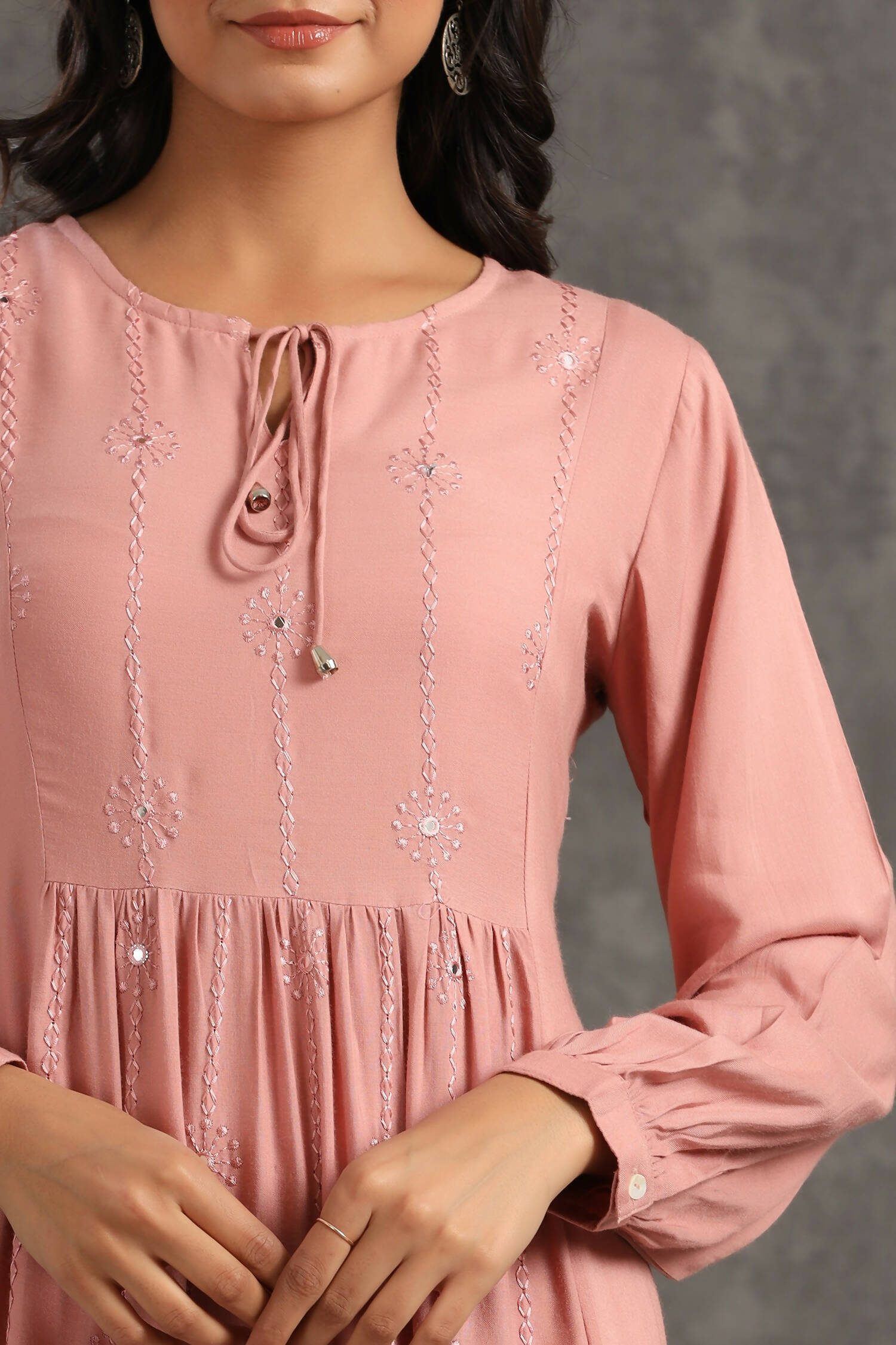 Juniper Womens Onion Pink Rayon Solid Maxi Dress With Mirror Embroidery And Full Sleeve | Grocsy