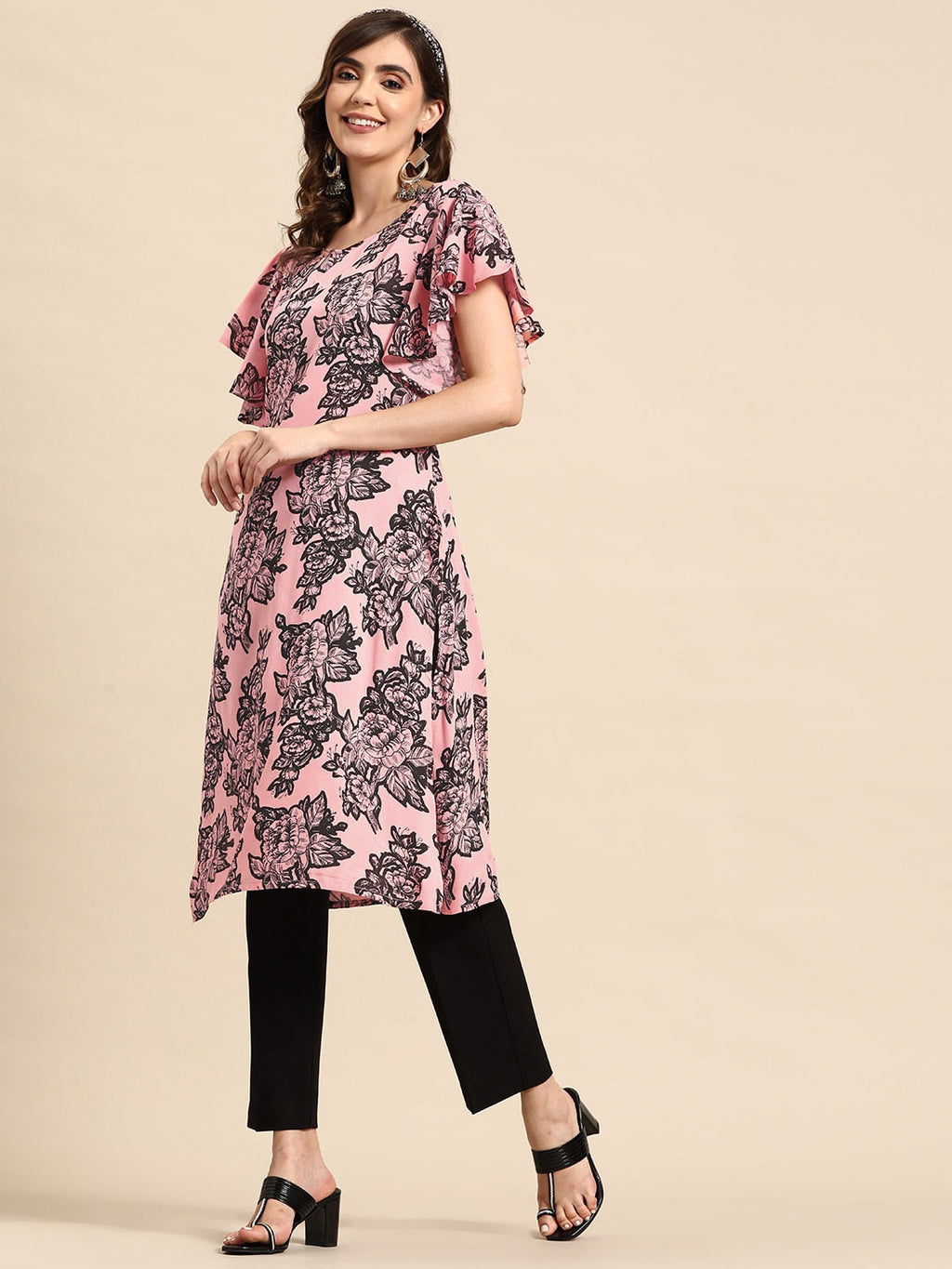 Sangria Floral Print Flutter Sleeves Kurta | Grocsy