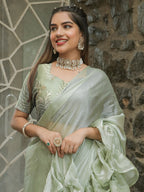 Tikhi Imli Embellished Sequinned Ruffled Ready to Wear Satin Saree | Grocsy
