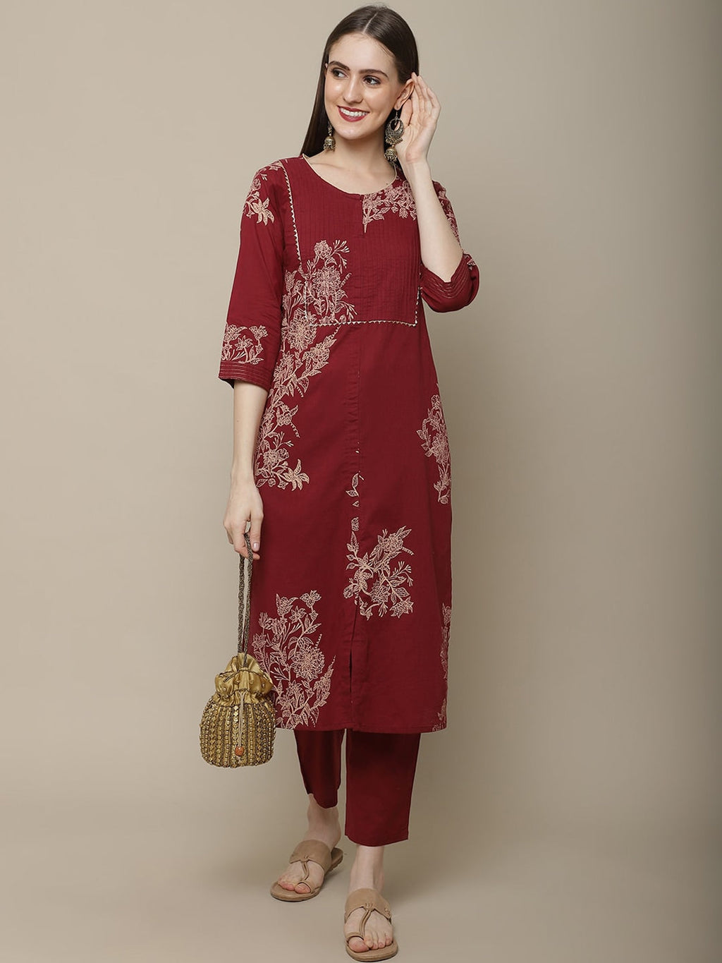 Sangria Women Maroon Floral Printed Pure Cotton Straight Kurta with Trousers | Grocsy