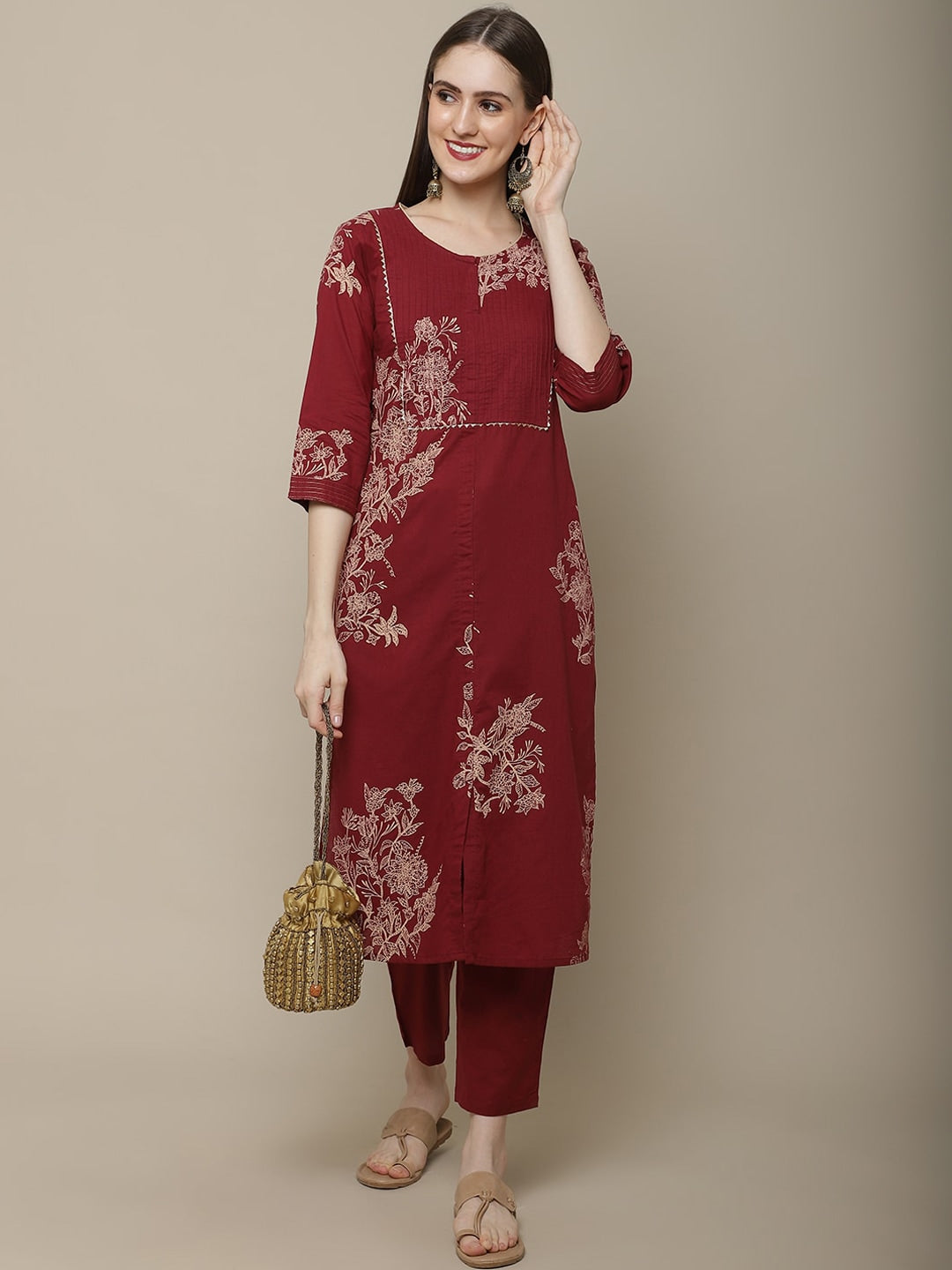 Sangria Women Maroon Floral Printed Pure Cotton Straight Kurta with Trousers | Grocsy