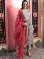 Sangria Sea Green Floral Printed Pure Cotton Kurta with Palazzos & Dupatta | Grocsy