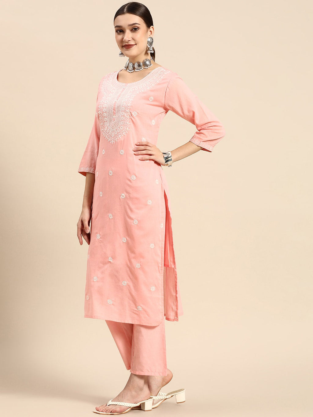 Sangria Women Pink Embroidered Thread Work Pure Cotton Kurta with Trousers & With Dupatta | Grocsy