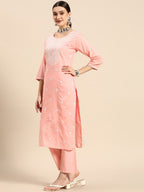 Sangria Women Pink Embroidered Thread Work Pure Cotton Kurta with Trousers & With Dupatta | Grocsy