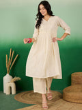Sangria Off White Floral Embroidered Mirror Work Pure Cotton Anarkali Kurta Set | Grocsy