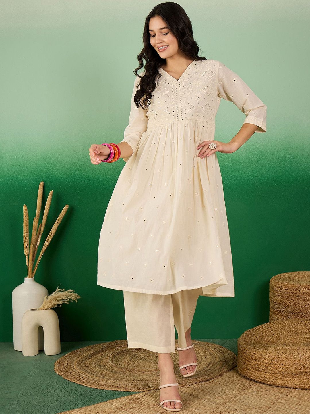 Sangria Off White Floral Embroidered Mirror Work Pure Cotton Anarkali Kurta Set | Grocsy