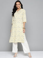 HERE&NOW Women Yellow & Grey Ethnic Motifs Printed Kurta with Trousers | Grocsy