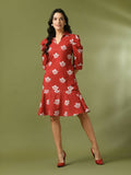 Myshka Women's Rust Printed Shirt Collar Fit and Flare Party Dress | Grocsy