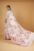 White Cotton Silk Digital Printed Saree With Unstitched Blouse Piece - Alisha | Grocsy