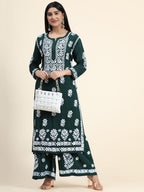HOUSE OF KARI Women Green Floral Embroidered Chikankari Kurta with Palazzos | Grocsy