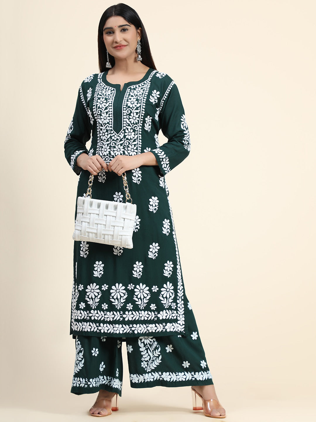 HOUSE OF KARI Women Green Floral Embroidered Chikankari Kurta with Palazzos | Grocsy