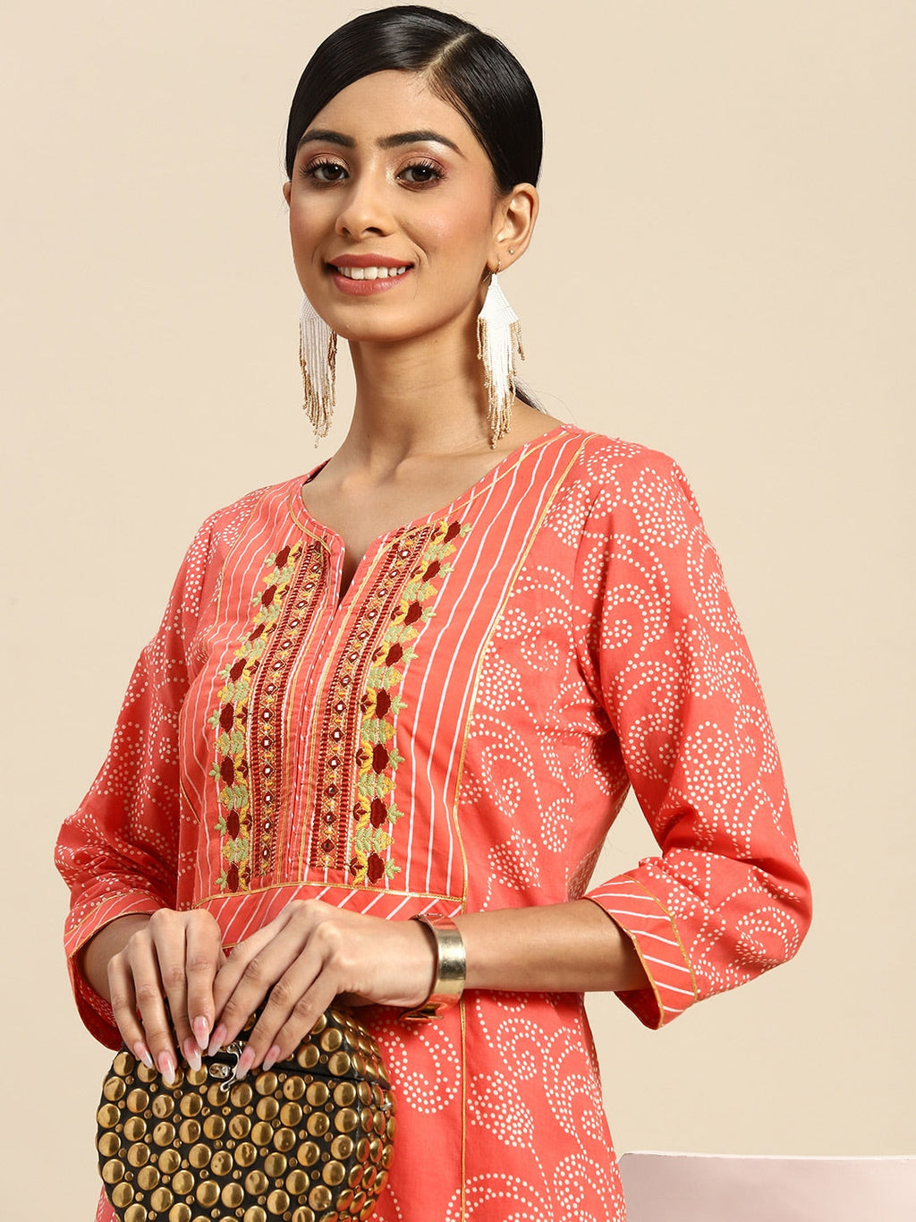 Sangria Women Peach-Coloured Ethnic Printed Mirror Work Pure Cotton Kurta with Trousers | Grocsy