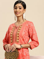 Sangria Women Peach-Coloured Ethnic Printed Mirror Work Pure Cotton Kurta with Trousers | Grocsy