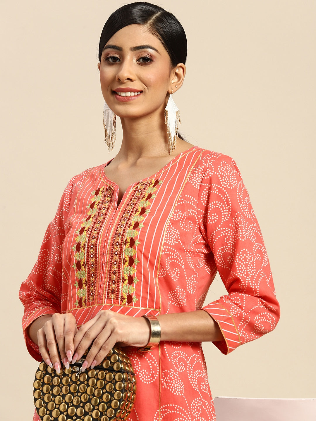 Sangria Women Peach-Coloured Ethnic Printed Mirror Work Pure Cotton Kurta with Trousers | Grocsy