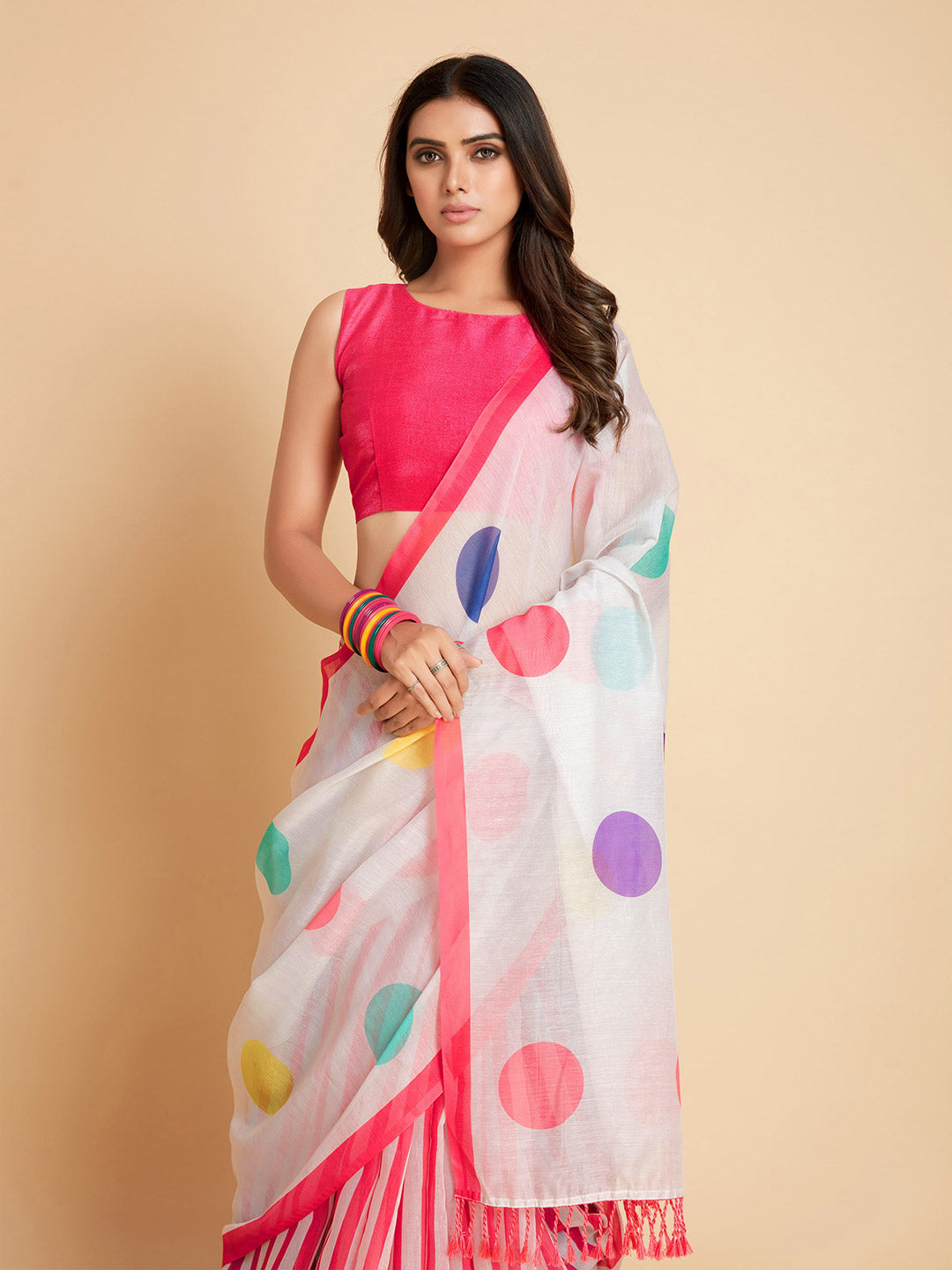 Sangria White & Pink Polka Dotted Saree | Grocsy