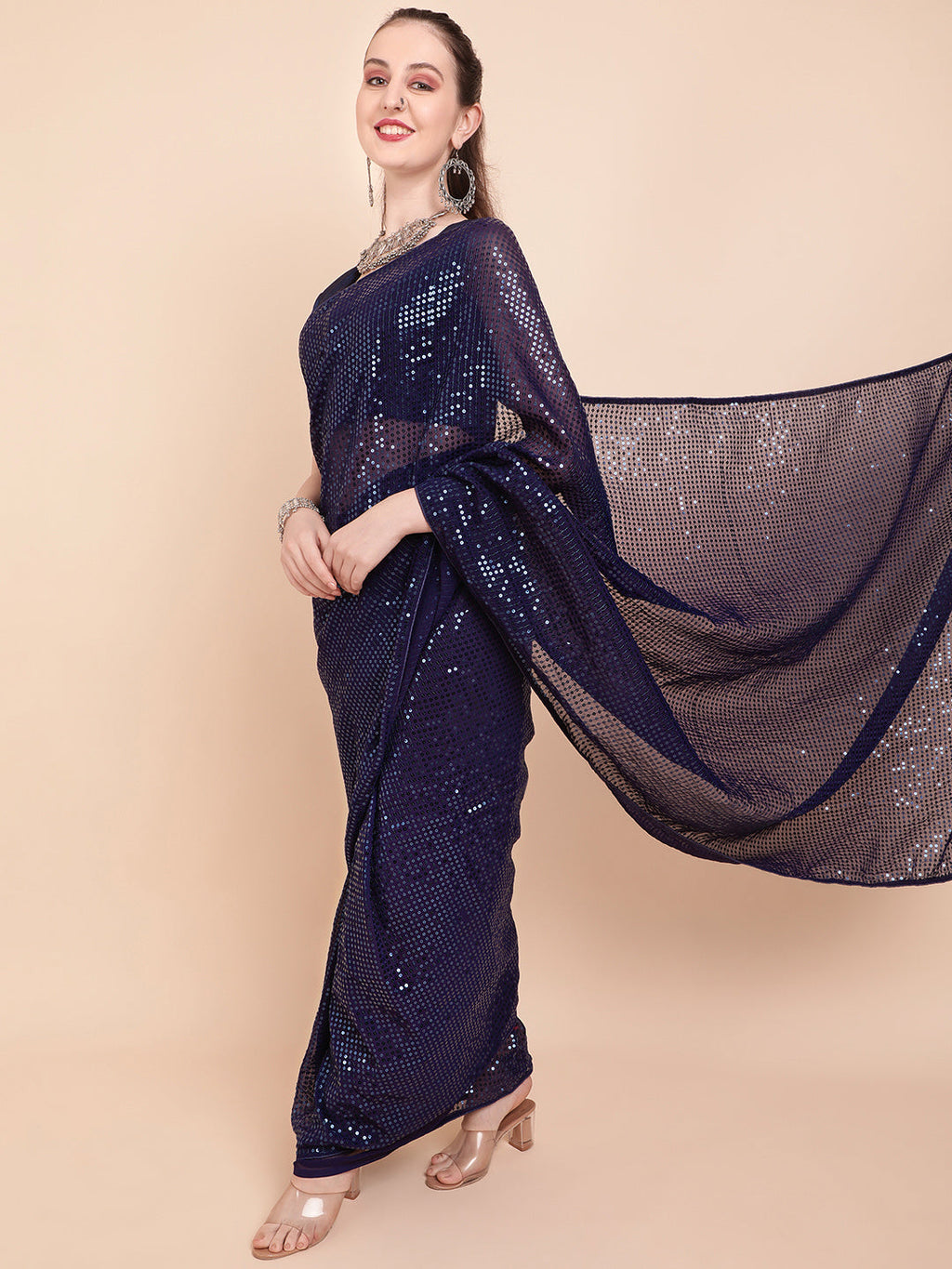 Sangria Navy Blue & Silver-Toned Sequin Embellished Pure Georgette Saree | Grocsy