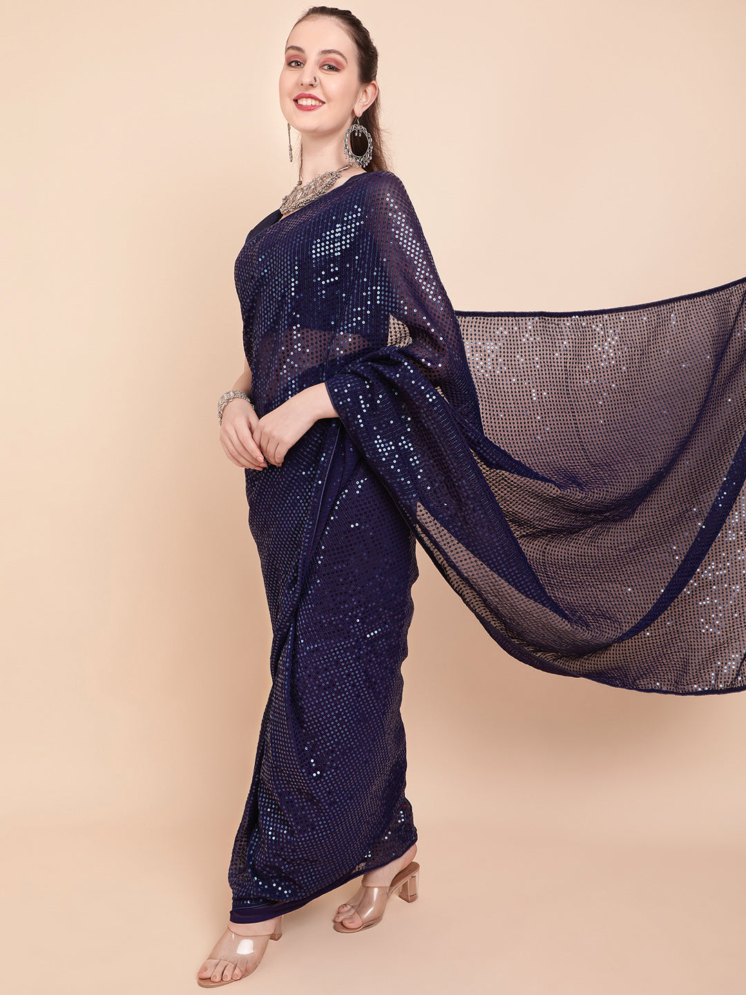Sangria Navy Blue & Silver-Toned Sequin Embellished Pure Georgette Saree | Grocsy