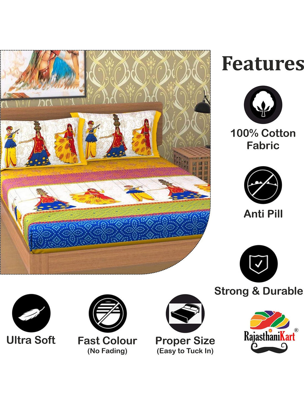 Rajasthanikart Yellow Ethnic Motifs Cotton 110 TC Queen Bedsheet with 2 Pillow Covers | Grocsy