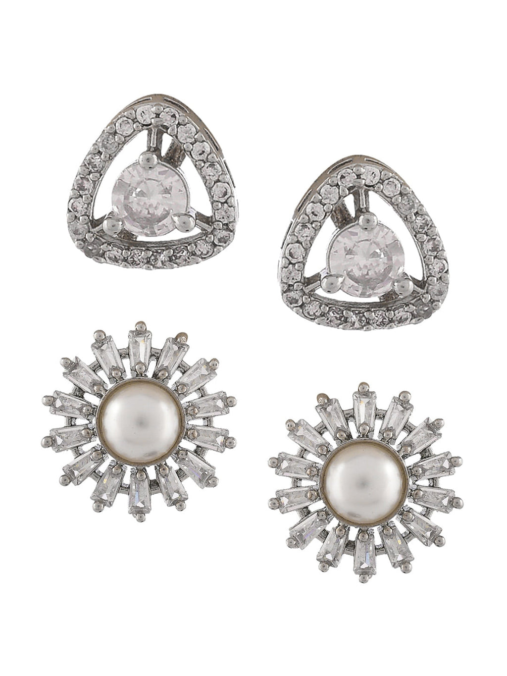 Shoshaa Set of 2 Silver-Toned Ad Stones Contemporary Studs Earrings