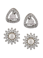 Shoshaa Set of 2 Silver-Toned Ad Stones Contemporary Studs Earrings