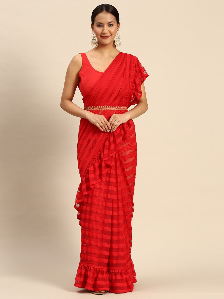 Ahalyaa Striped Net Ready To Wear Saree | Grocsy