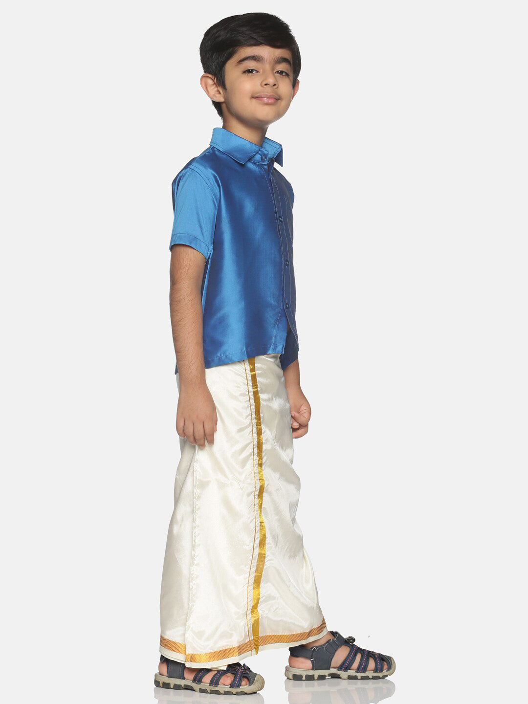 Sethukrishna Boys Blue & White Shirt with Veshti Set (GENIE-67846) | Grocsy