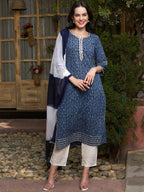 Sangria Printed Gotta Patti Pure Cotton Kurta with Trousers & With Dupatta | Grocsy