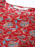All About You Women Red Floral Printed Pure Cotton Kurta with Trousers | Grocsy