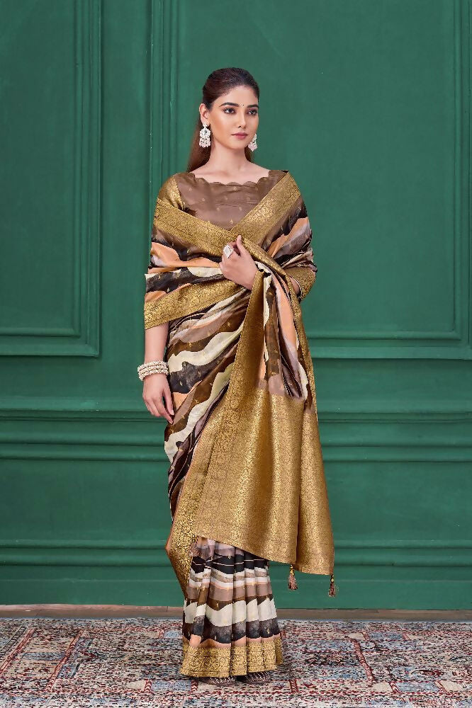 Lilac Purple Tussar Silk Jacquard Abstract Digital Print Saree with Unstitched Blouse - Mohira | Grocsy