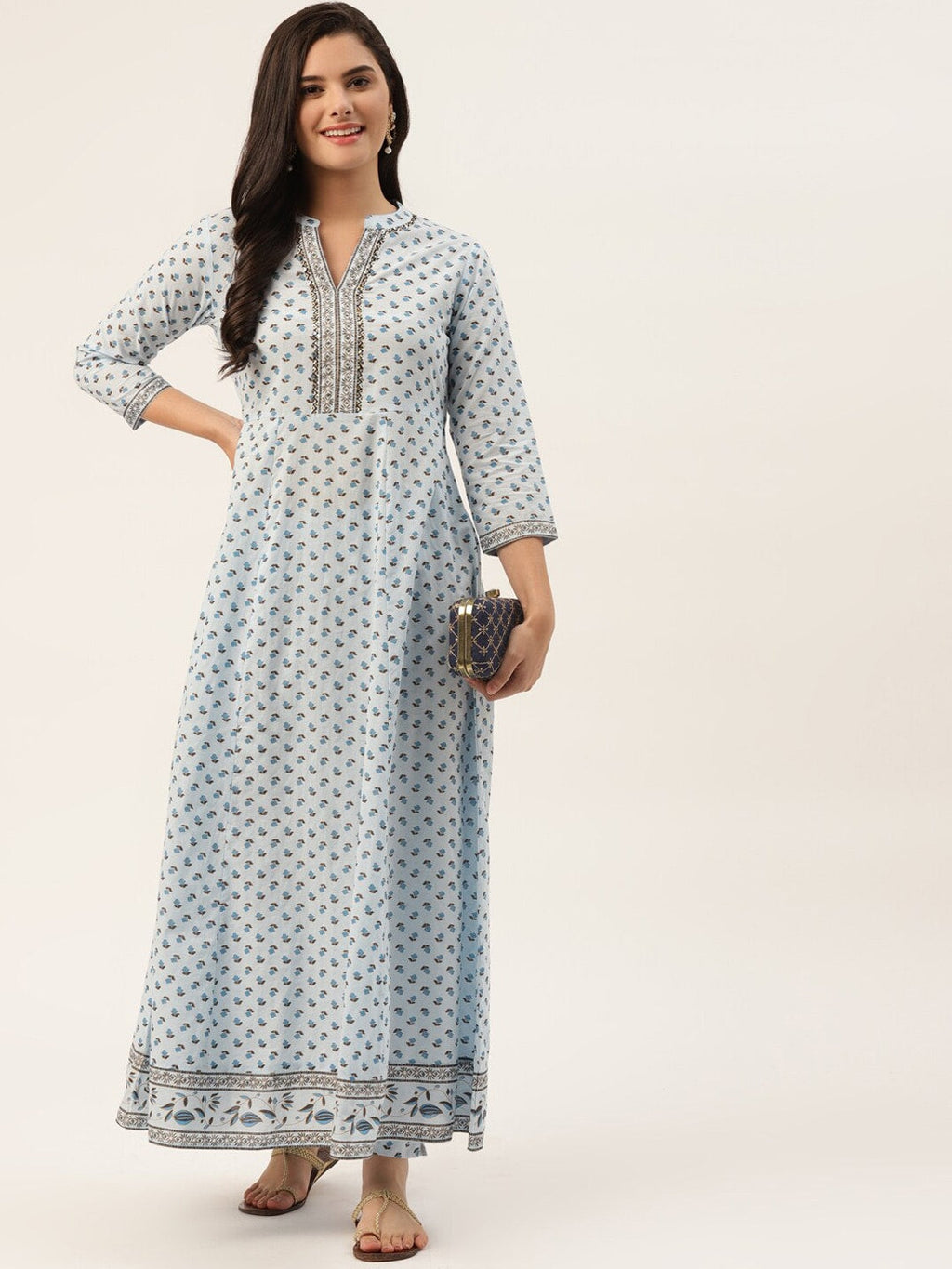 HERE&NOW Women Blue Floral Printed Pure Cotton Kurta with Trousers | Grocsy