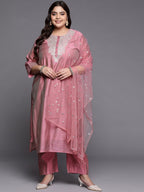 Sztori Plus Size Floral Embroidered Regular Chanderi Silk Kurta & Trousers With Dupatta | Grocsy