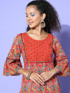 All About You Women Orange & Green Floral Printed Bell Sleeves Gotta Patti Kurta | Grocsy