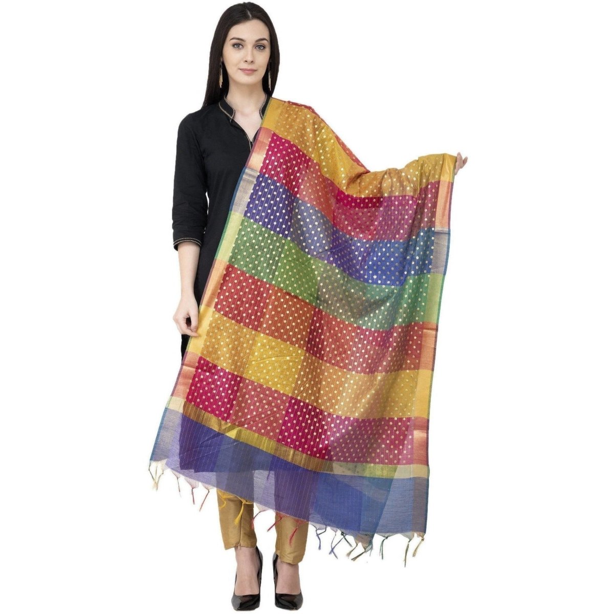 A R Silk Multi Box Gold Print Fancy Dupatta Multi Color Color Dupatta or Chunni | Grocsy