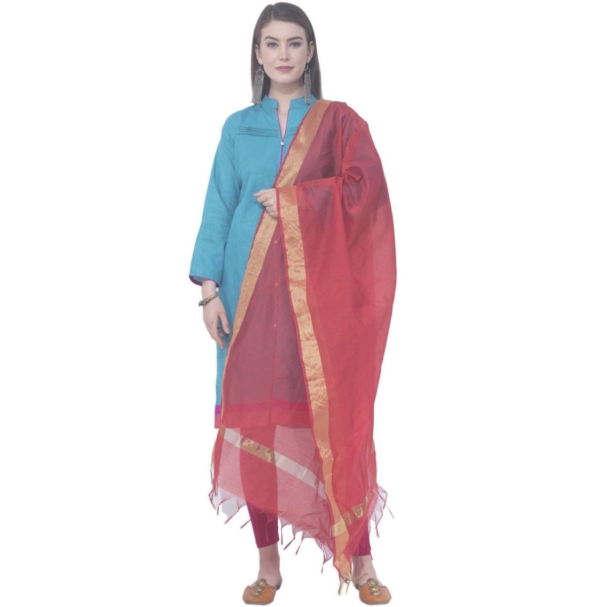A R Silk Red Color Chaura Patta Chanderi Cotton Dupattas and Chunnis | Grocsy