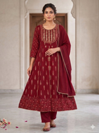 Teeya Creation Women's Maroon Fully Stitched Anarkali Kurta With Pant And Dupatta Set | Grocsy