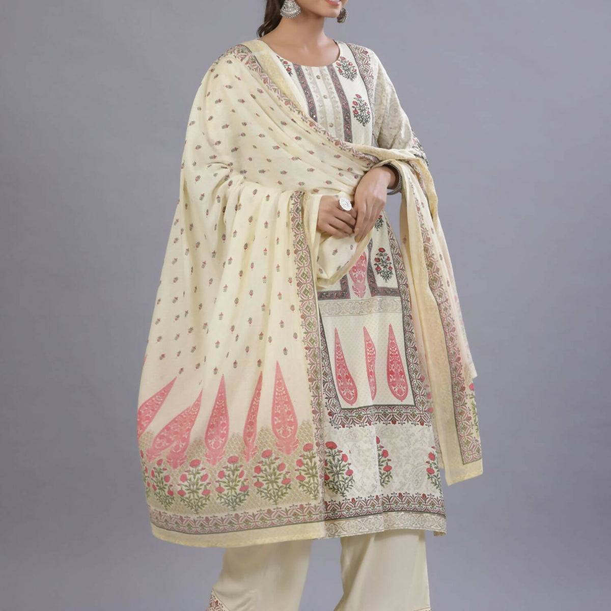 Juniper Women Yellow Rayon Printed Kurta, Pants and Dupatta Set | Grocsy