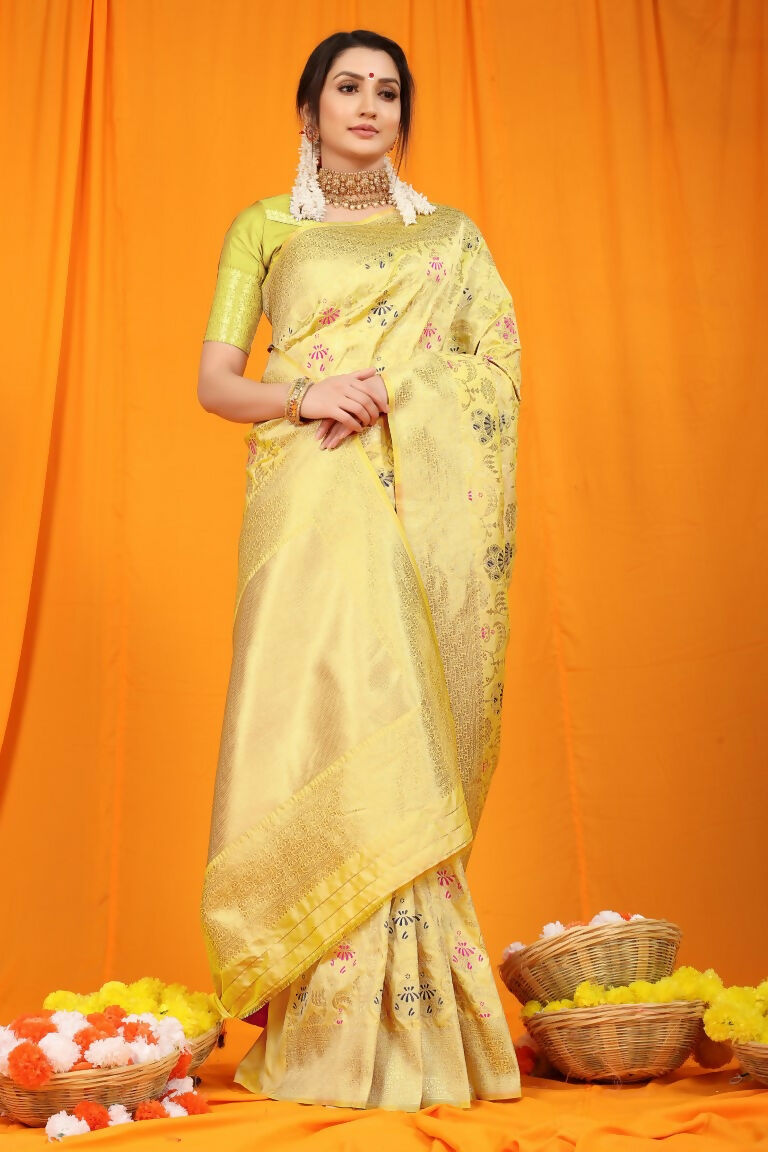 Jyoti Fashion Women's Cream Kanjivaram Silk Zari Woven Saree with Blouse | Grocsy
