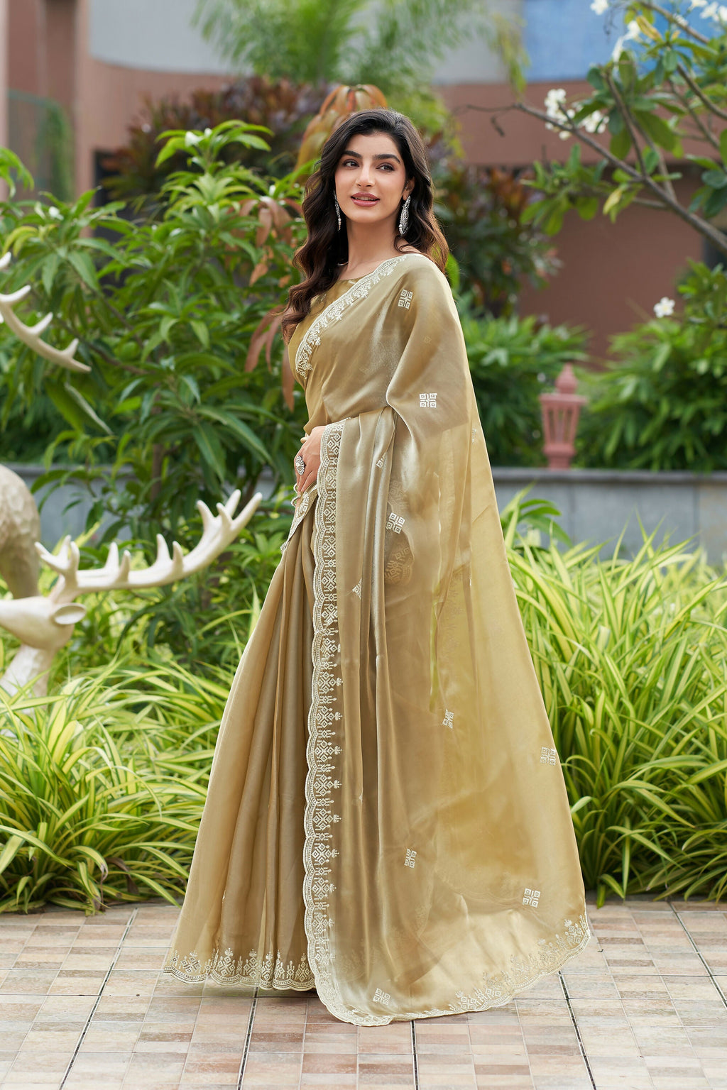 Vastranavya Beige Embroidery Work Shimmer Chiffon Saree with Unstitched Blouse | Grocsy