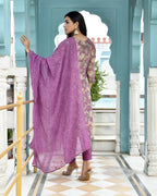 Vaasva Women's Purple Tissue Embroidered Suit Set With Solid Pant And Embroidered Dupatta | Grocsy